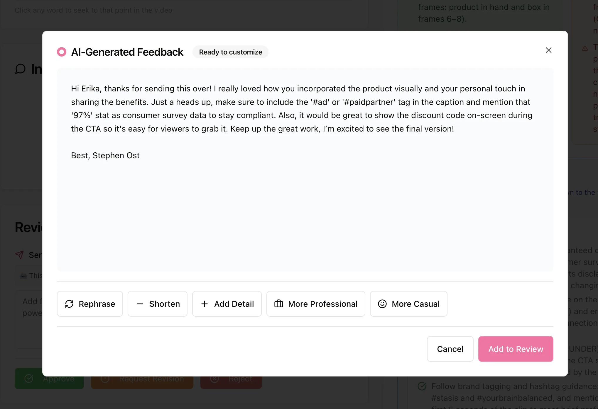 Revision guidance drafted for a creator, with the exact fix named in the note